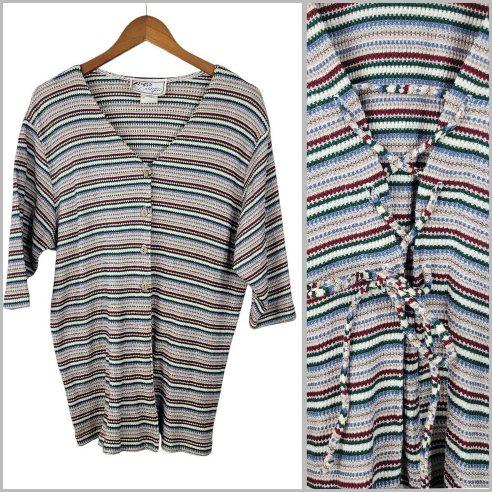 Vtg Waffle Knit Top 14/16 XL 1X Shirt Pullover Lace Up Tie Cinch Back Button Up